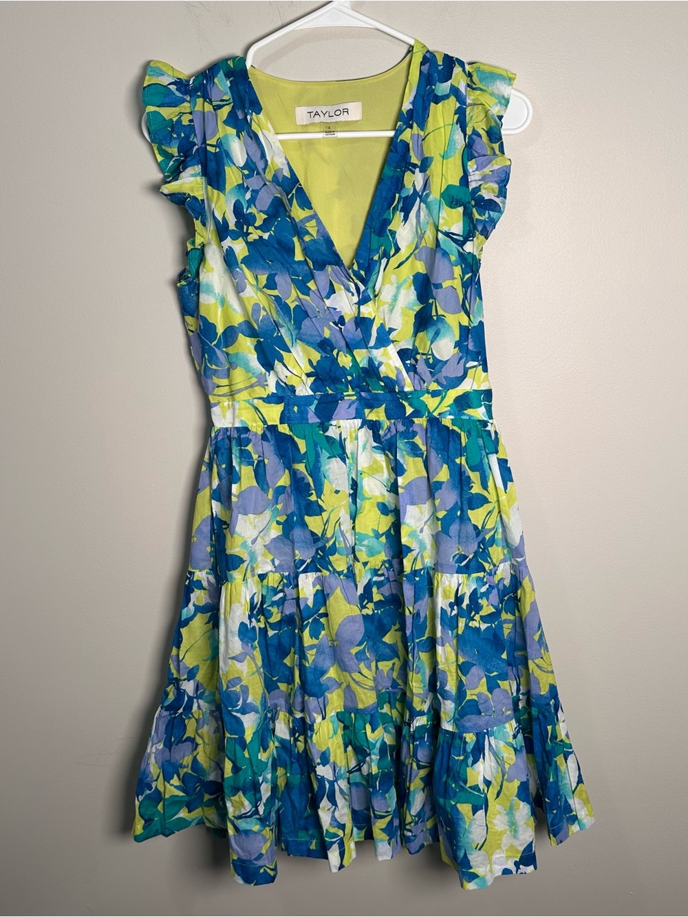 Taylor Blue and Lime Floral Tiered Wrap Dress
